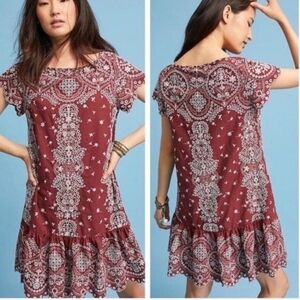 Anthropologie Feather And Bone Inez Eyelet Midi Dress Medium Burgundy